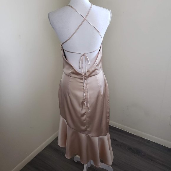 Lavish Alice Asymmetric Backless Bodycon Midi Dress Champagne Satin Size 8 - Picture 6 of 14